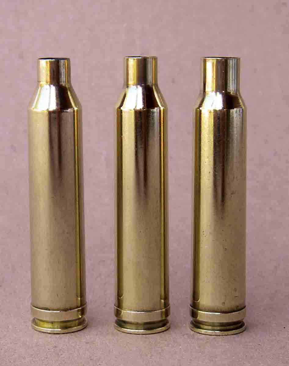 The 7mm Remington Magnum case (center) was based on a (left) necked-up .264 Winchester Magnum or a (right) necked-down .338 Winchester Magnum.